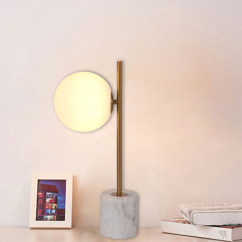 White Glass Ball Night Lamp Simple Single-Bulb Table Stand Light with Brass Pole and Marble Base