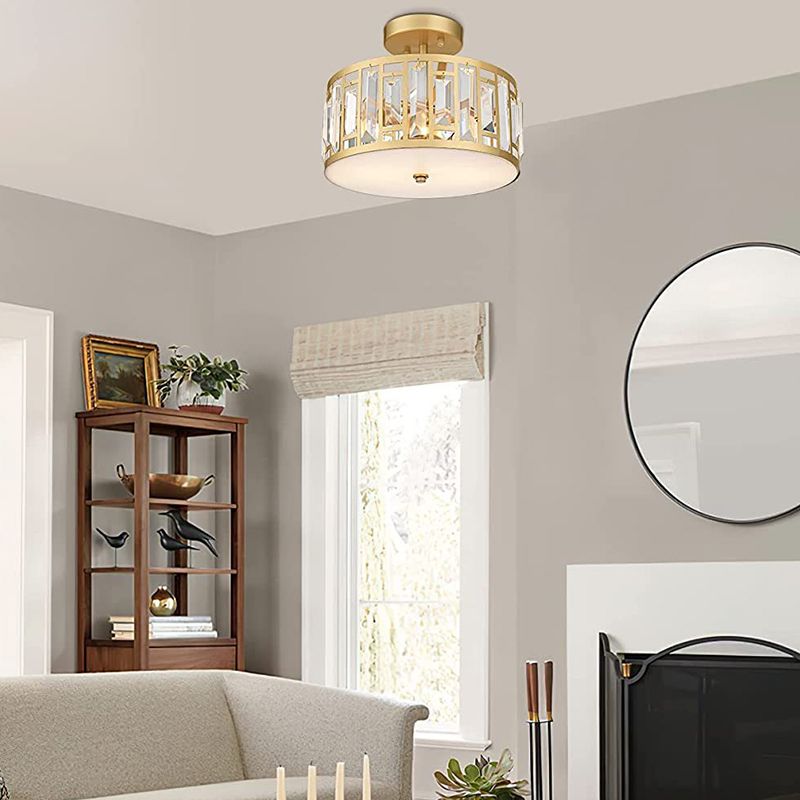 Crystal Semi Flush Contemporary 2 - Light Drum Ceiling Semi Flush in Gold