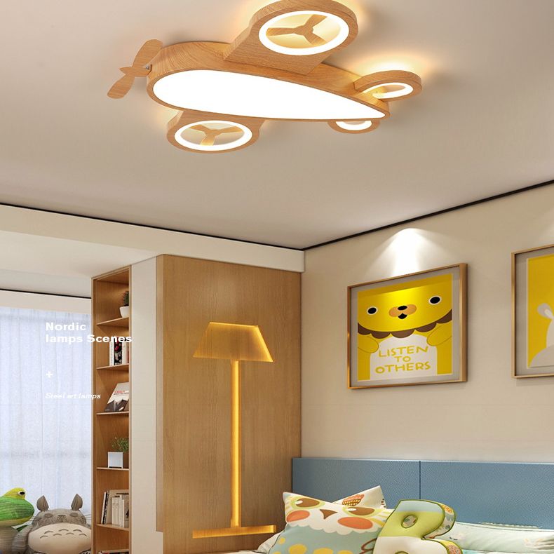 Wooden Airplane Shaped Ceiling Mount Light Cartoon LED Flush Light for Childrens Bedroom