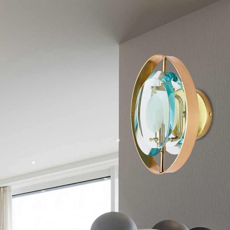 Green Crystal Gold Wall Lamp Elliptical Single Head Vintage Wall Sconce Light with Circular Backplate