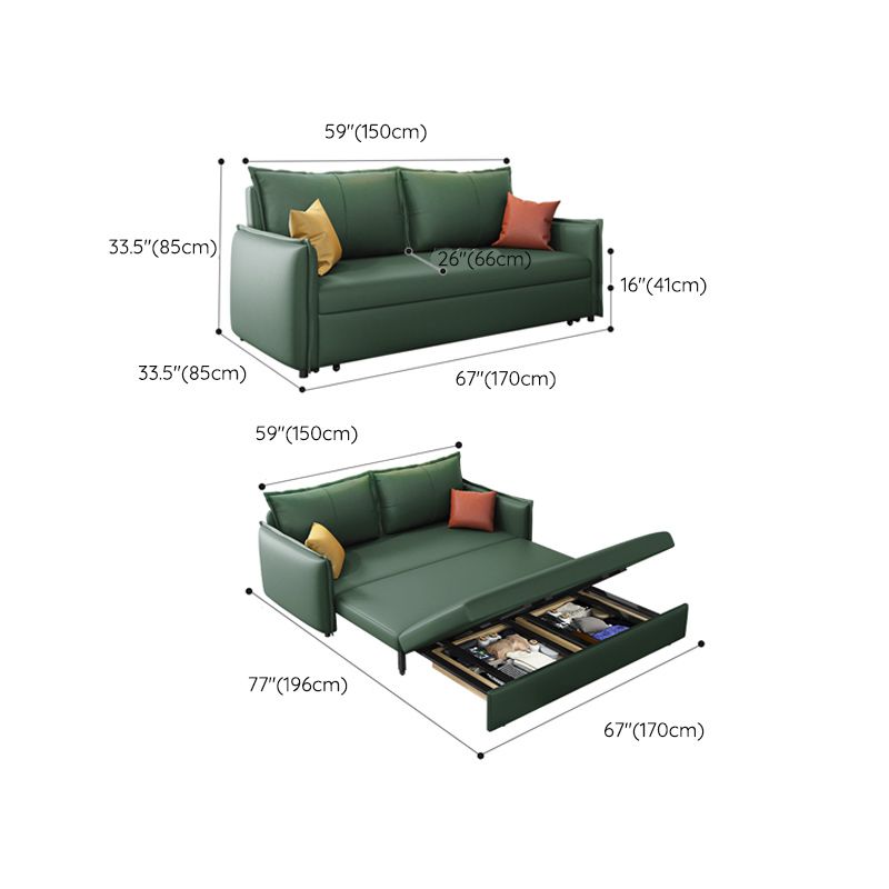 Scandinavian Faux Leather Sleeper Sofa Green Square Arm Sofa Bed