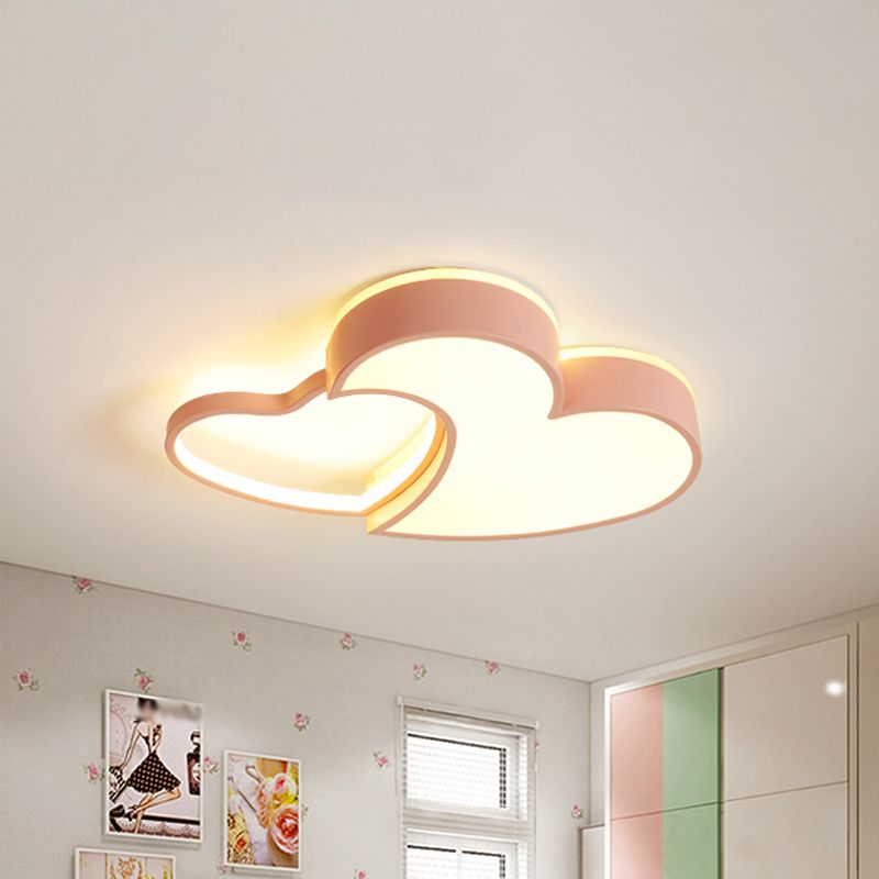 Double-Heart Kids Room Flush Light Acrylic Macaron Surface Mounted LED Ceiling Lamp in Pink/Blue/Gold, 21.5"/25.5" Wide