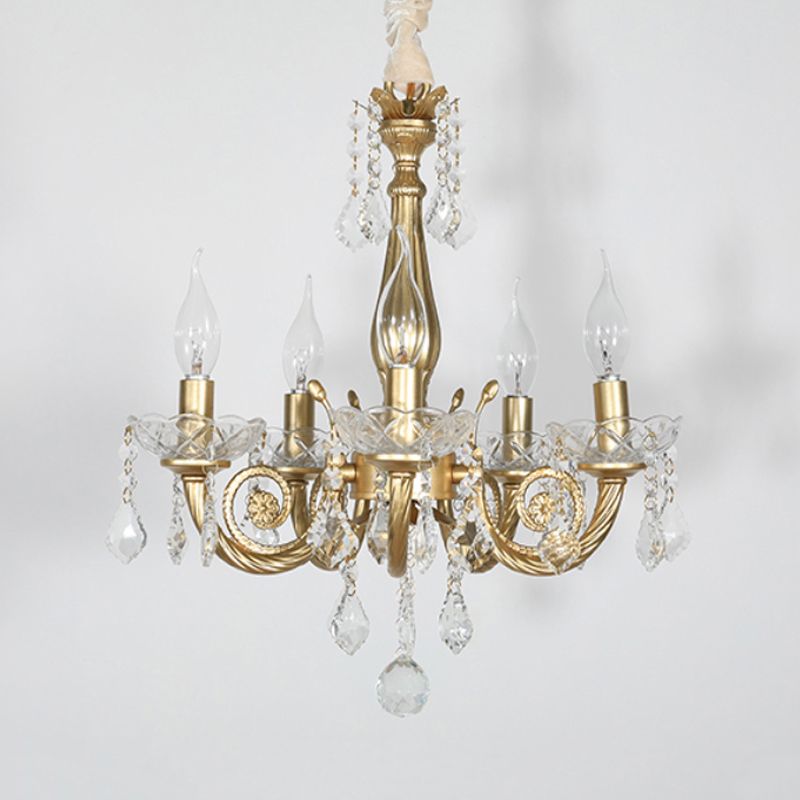 Crystal Gold Chandelier Lighting Scrolled Arm 5/6 Lights Lodge Pendant Light Fixture for Bedroom