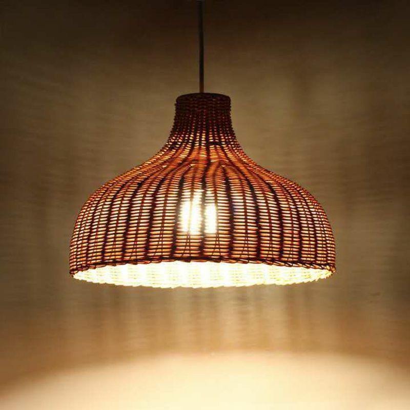 Asian Style Onion Shaped Hanging Lamp Bamboo 1-Light Living Room Pendulum Light Fixture