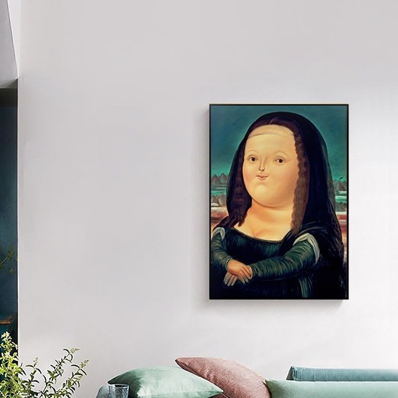 Mona Lisa Smile Canvas Art Cartoon Cute Figure Painting Wall Decor in Black and Blue