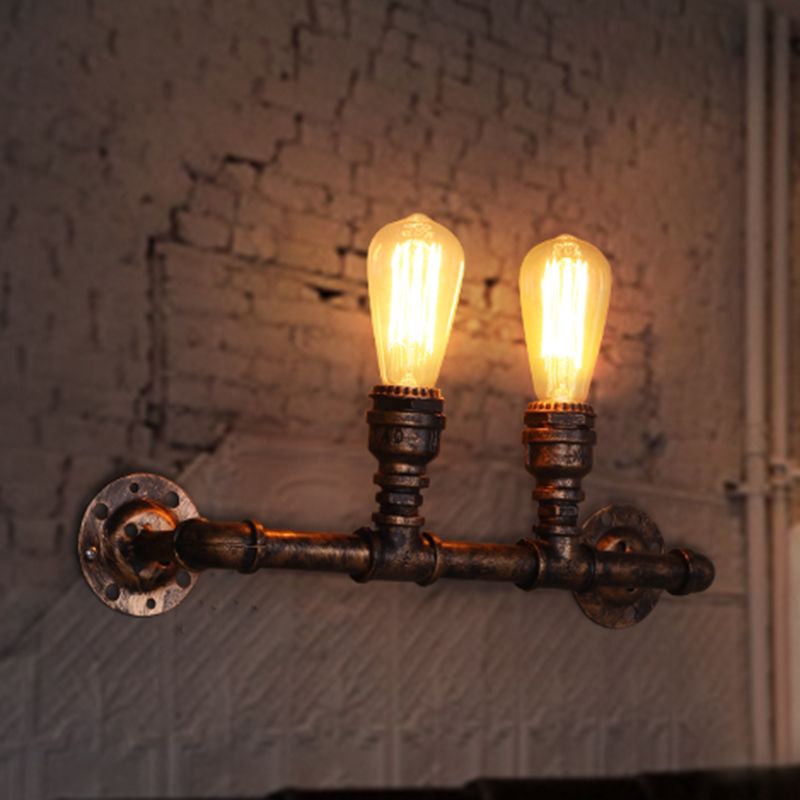 Plumbing Pipe Restaurant Wall Lamp Rustic Iron 2 Bulbs Bronze Wall Lighting Fixture