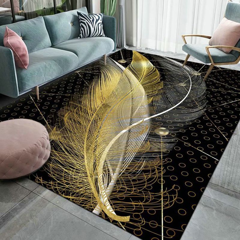 Gold Feather Rug Polyester Novelty Rug Stain Resistant Rug for Living Room
