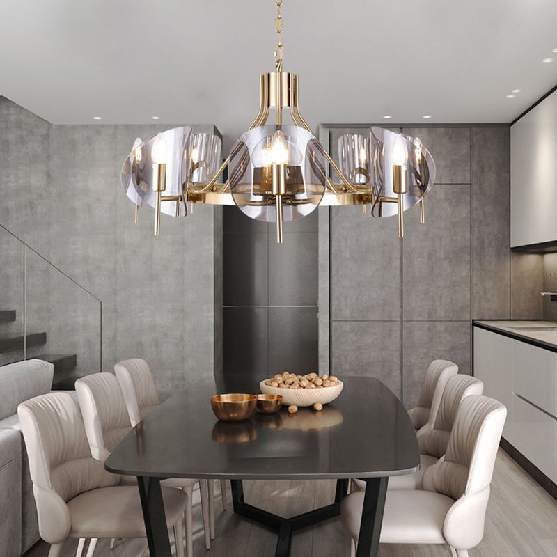 Modern Wagon Wheel Candle Chandelier Light Fixture Clear Glass Shaded Ceiling Chandelier in Gold for Bedroom