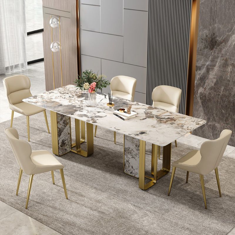 Minimalist Sintered Stone Kitchen Dining Set Gray Rectangle Shape Dining Set with Double Pedestal