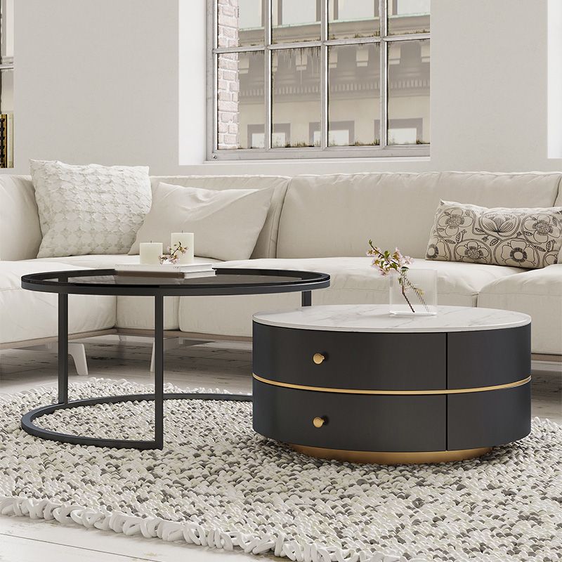 Frame Coffee Table Contemporary Stone/Glass Cocktail Table with Storage Drawers