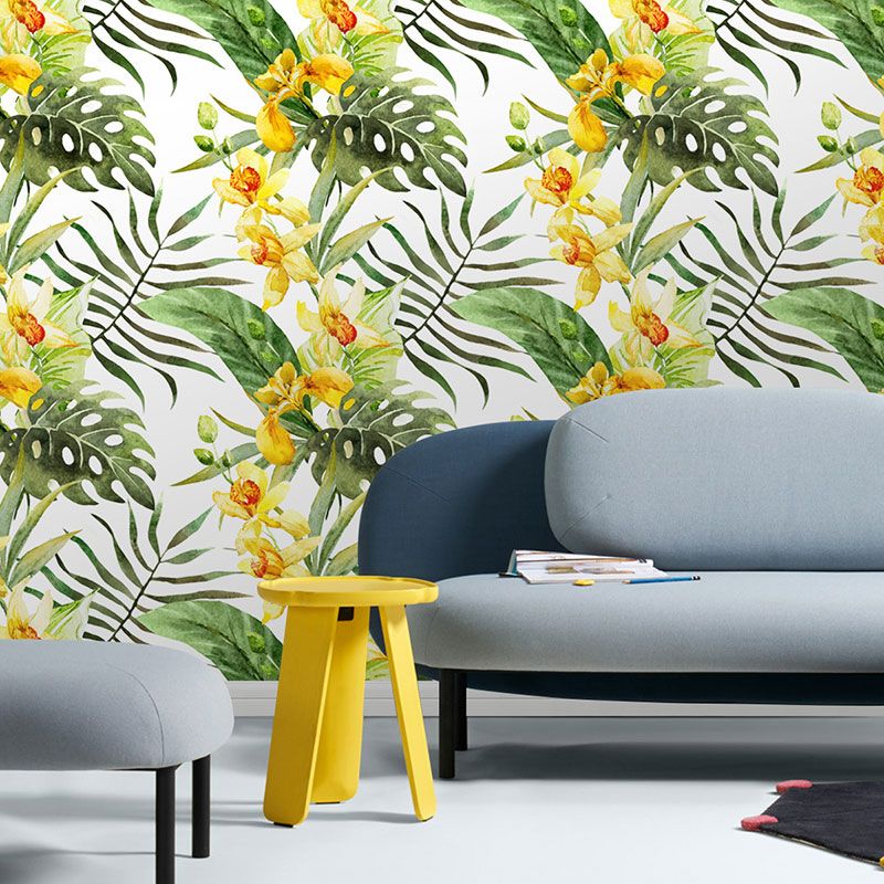 Palm Leaves Wallpaper Roll for Thai Restaurant Blossoms Wall Art in Green and Yellow, Stain-Resistant, Easy to Remove