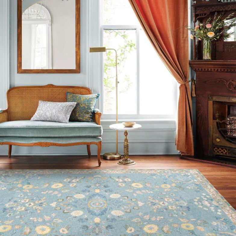 Simple Light Color Disstressed Rug Polyester Ethnic Floral Pattern Area Rug Non-Slip Backing Carpet for Living Room