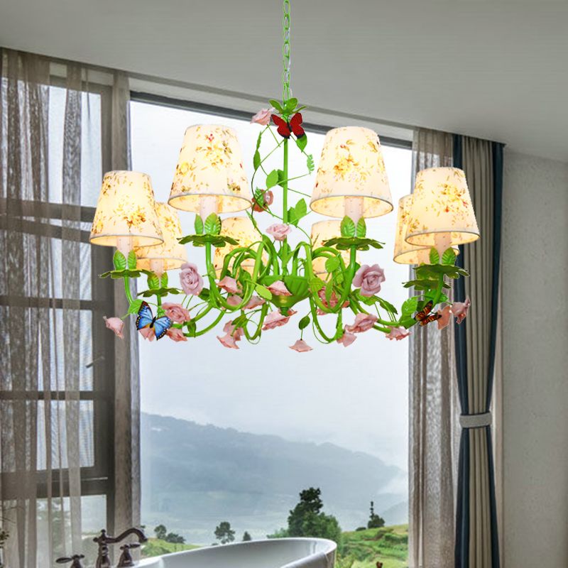 Tela Green Hanging Chandelier cónica 8 luces Costeo de iluminación tradicional hacia abajo para dormitorio