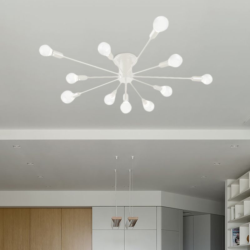 6/8 Heads Ceiling Light Fixture with Exposed Bulb Metal Retro Style Bedroom Semi Flush Mount Lighting in Black/White