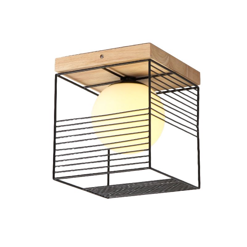 Lámpara de techo pequeña de jaula cúbica en blanco y negro, lámpara empotrada de hierro nórdica de 1 cabezal con pantalla de cristal de bola interior y dosel de madera