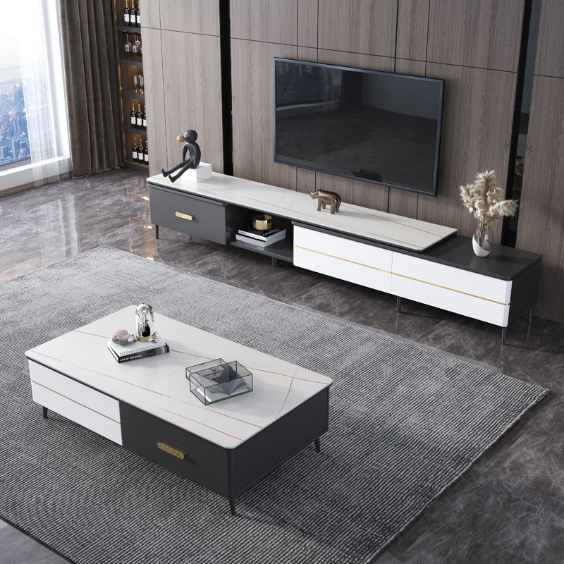 4 Legs Coffee Cocktail Table with Storage Drawers Slate Top Modern