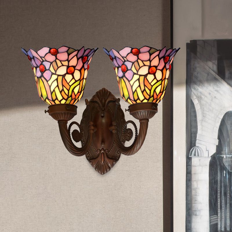 Pink/Blue Flared Wall Sconce Lighting Mediterranean 2 Heads Hand Cut Glass Wall Light Fixture with Fruit Pattern
