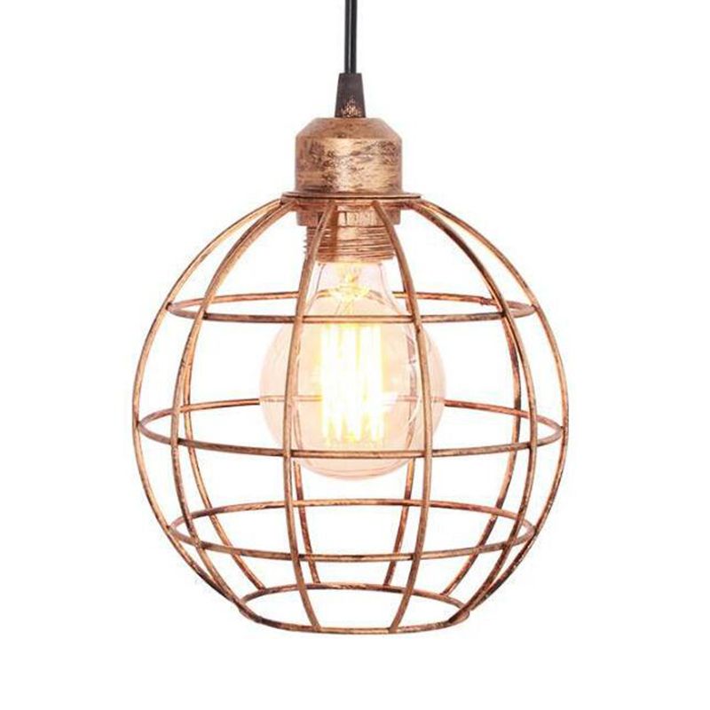 Retro Style Globe Ceiling Lamp 1 Head Metal Hanging Light Fixture with Wire Frame in Black/Copper