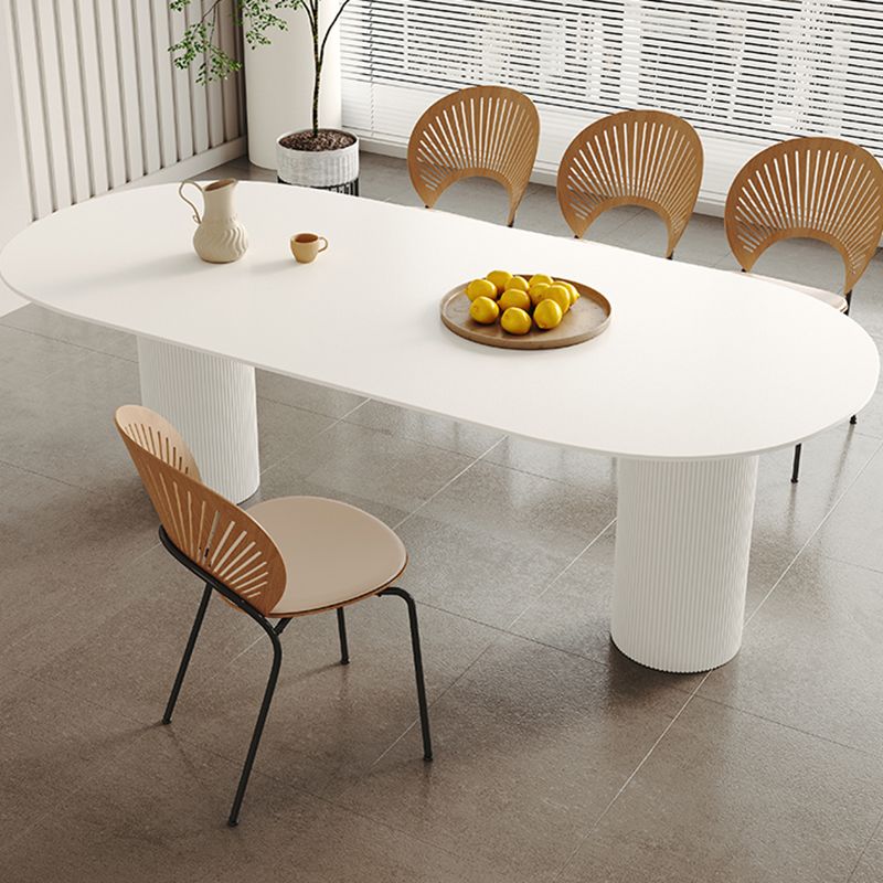 White Oval Dining Table Stone Top Dining Table with Double Pedestal