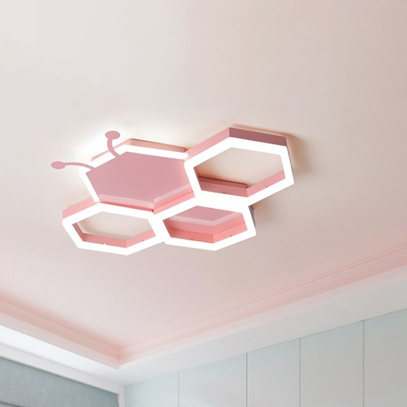 Kids Honeycomb Iron Ceiling Flush Light LED Flushmount Lighting in Pink/Black for Baby Room, Warm/White Light