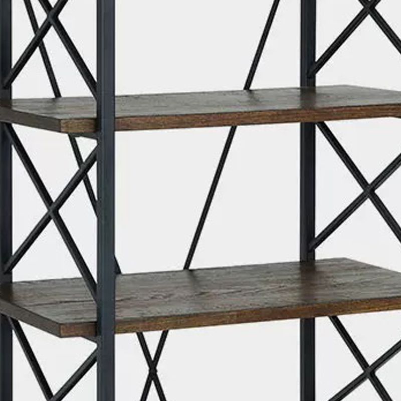 Industrial Open Etagere Bookshelf with Black Iron Frame Solid Wood Shelf