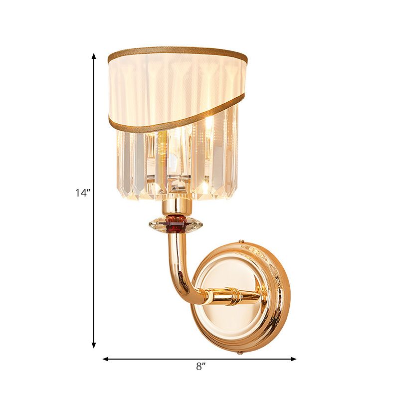 Tapered Fabric Shade Wall Light Modern Style 1 Head Gold Wall Mount Lamp with Clear Crystal Prism and Curved Arm