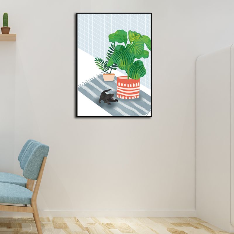Pet and Pot Plant Canvas Art Textured Kids Style Living Room Wall Decor in Light Color
