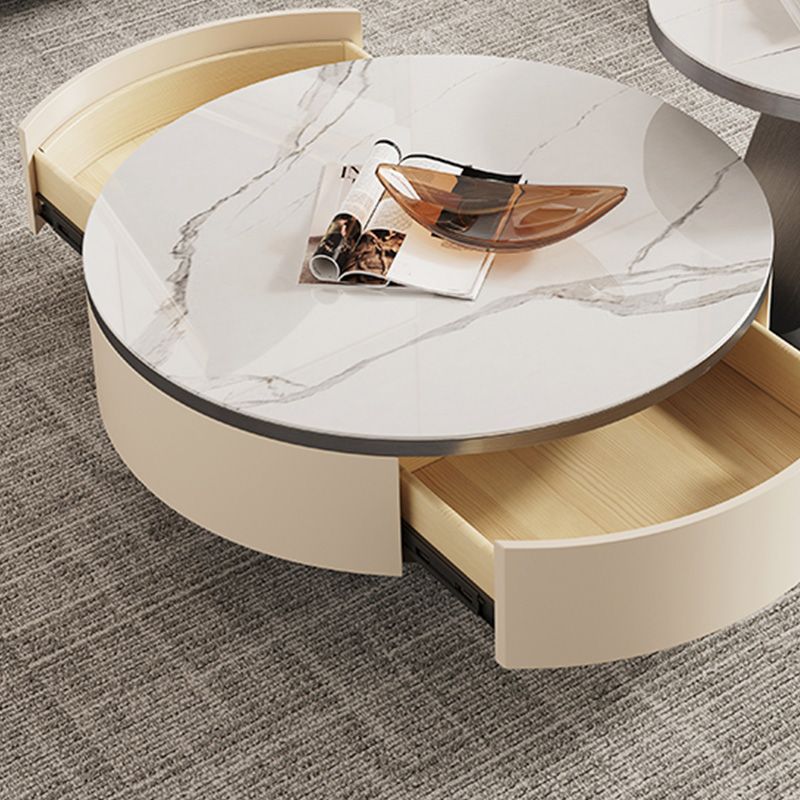 Slate and Metal Coffee Table Pedestal Round Cocktail Table with Drawer