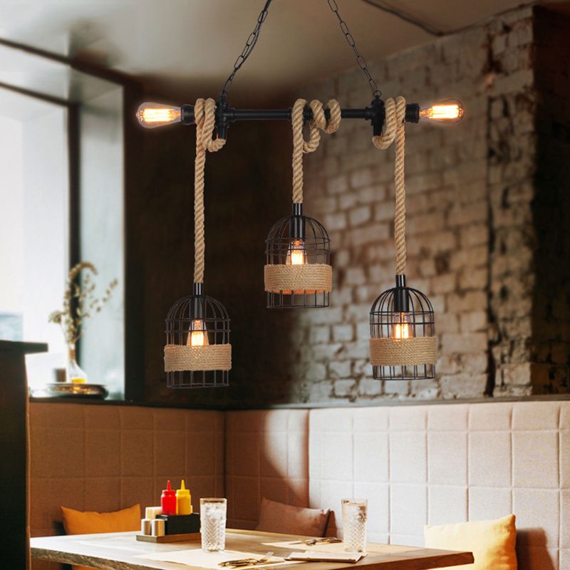 Industrial Iron Cage Shape Island Lamp Metal 5 Lights Pendant Light for Restaurant