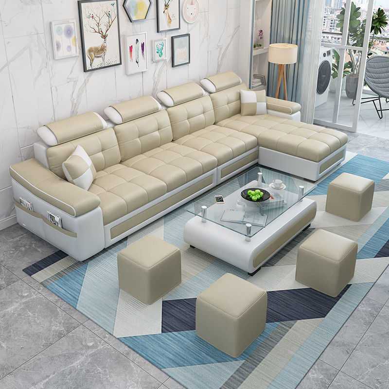 Modern L-shape Sofa and Chaise Right Facing Faux Leather/Linen Blend Sectionals