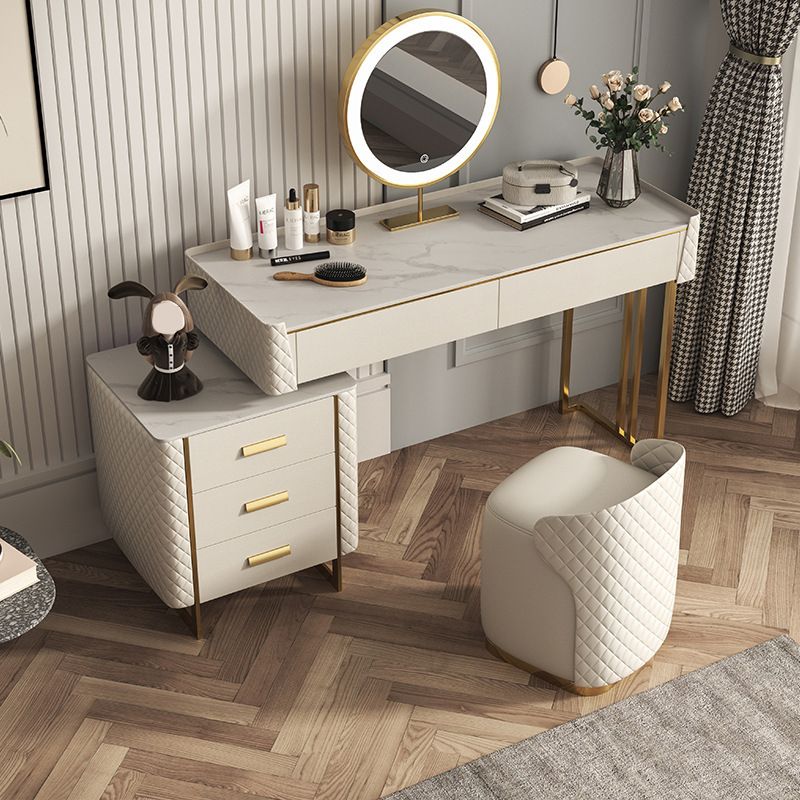 Glam Stone Top Vanity Makeup Table Set Wooden 5-Drawers Dressing Table