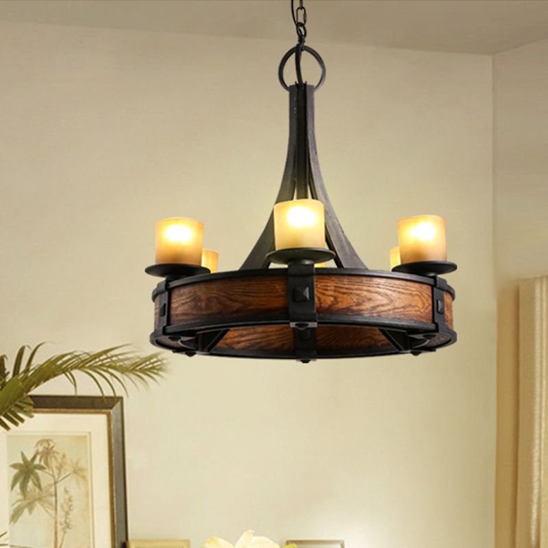 Zwarte buis kroonluchter lamp traditionele beige glas 6 lichten eetkamer hangend licht armatuur met ronde houten ontwerp