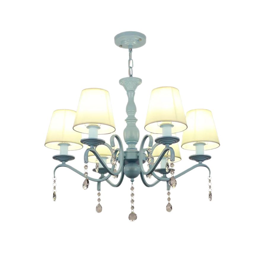 6-Light Tapered Shade Chandelier with Crystal Bead Kids Metal Hanging Light in Blue for Foyer