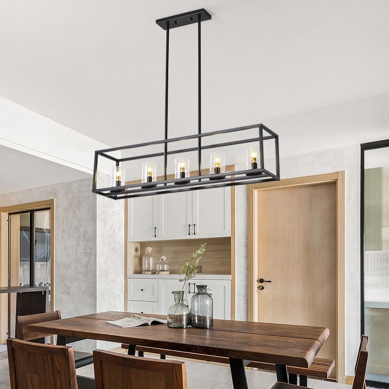 Glass 5 Lights Island Pendant Chandelier Rectangle Industrial Island Light Fixtures for Dining Room