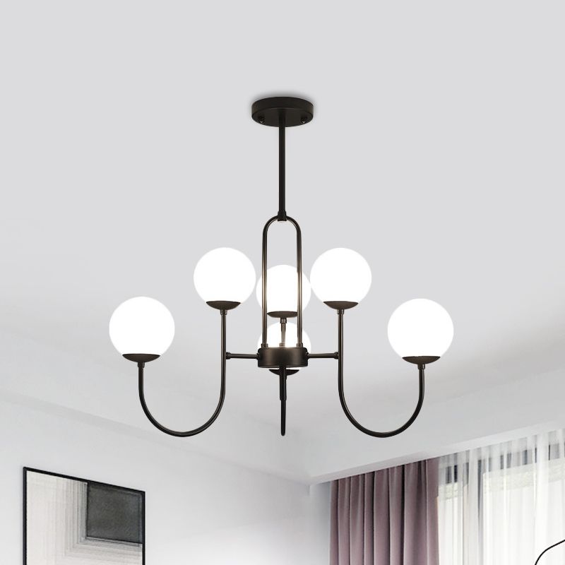 Arced Arm Iron Chandelier Light Fixture Modern 6/9-Head Black Finish Pendulum Lamp with Sphere Milk White Glass Shade