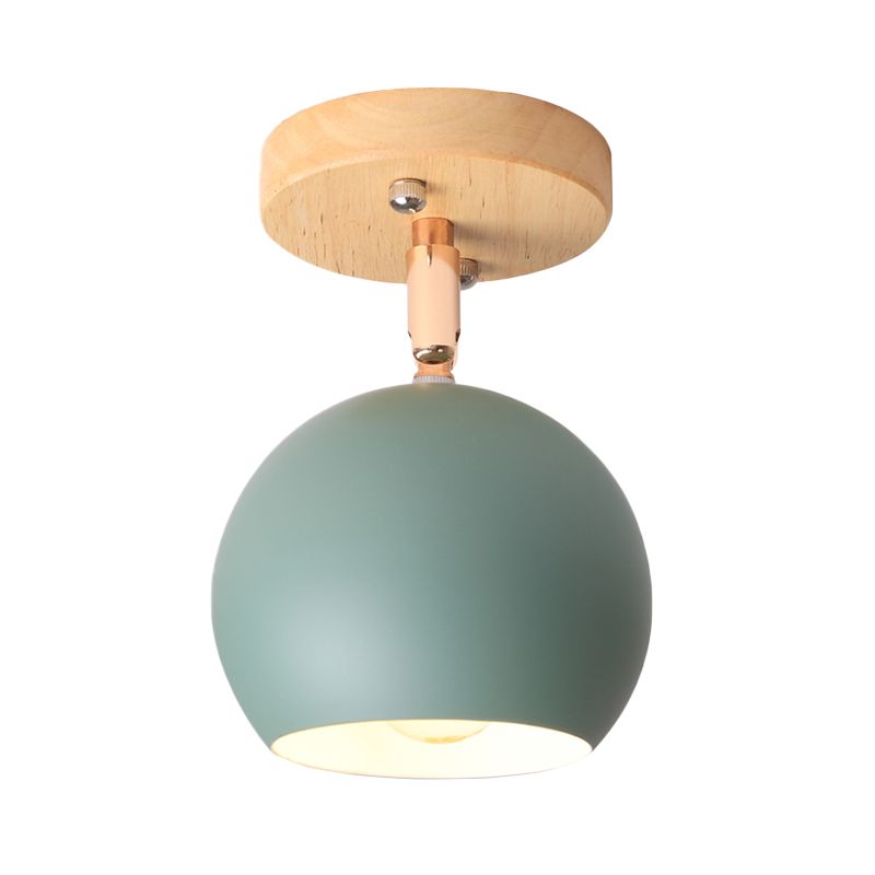 White/Green Ball Flush Mounted Light Simple 1-Bulb Adjustable Semi Ceiling Flush Mount with Round Wood Canopy