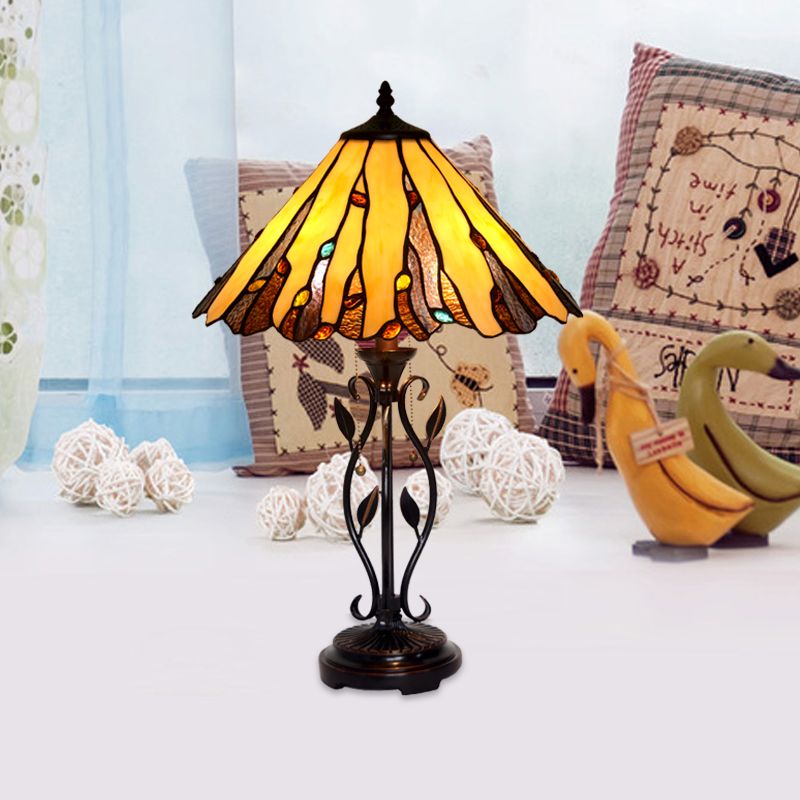 Coffee Candle Pull-Chain Table Lamp Tiffany 2-Light Metal Night Lighting with Cone Stained Glass Shade