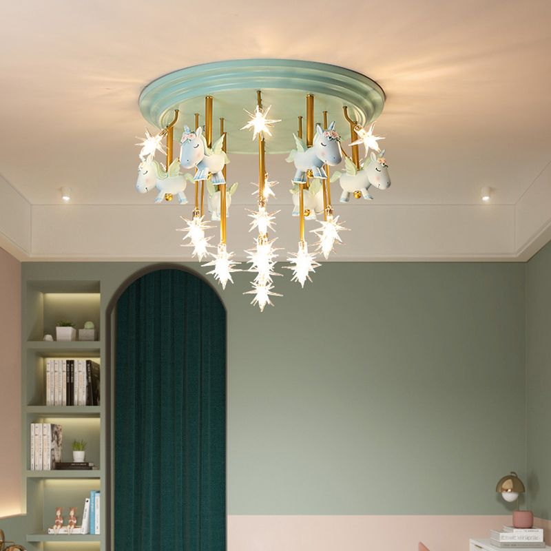 Resin Unicorn LED Semi Flush Nursery Flush Ceiling Light Fixture with Clear Glass Shade