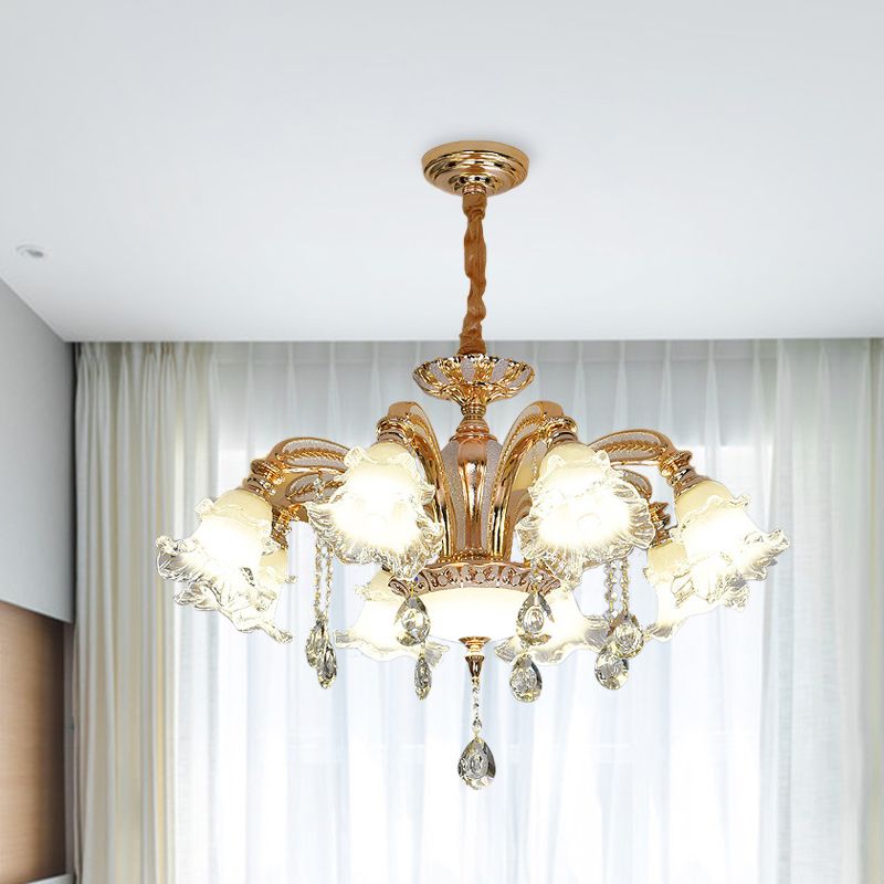 Flower Clear Glass Suspension Light Traditional 8 Heads Living Room Chandelier Lighting in Gold
