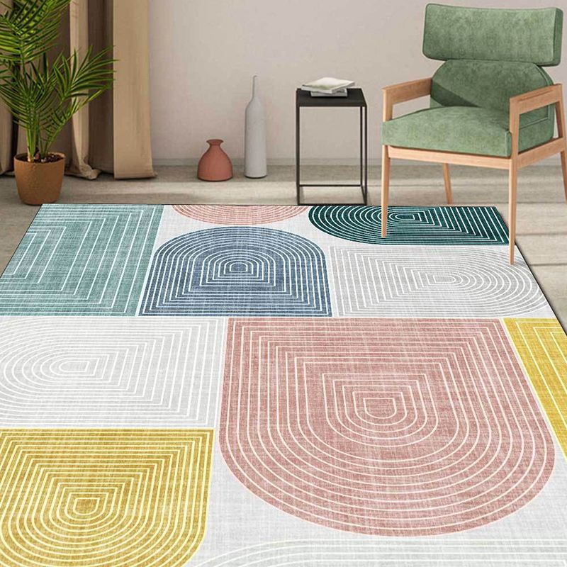 Modern Living Room Rug in Ivory Color Block Stripe Irregular Shape Print Rug Polyester Non-Slip Backing Area Rug