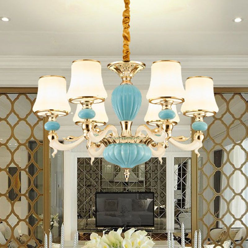 Modern Suspension Lamp Light Blue Tapered Ceramics Chandelier Lighting Fixture with Opal Glass Shade