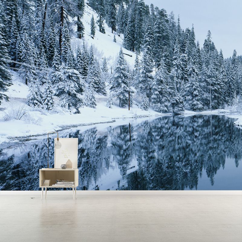 Lake Across Snow Forest Mural Green Modernist Wall Covering for Accent Wall, Custom Printed