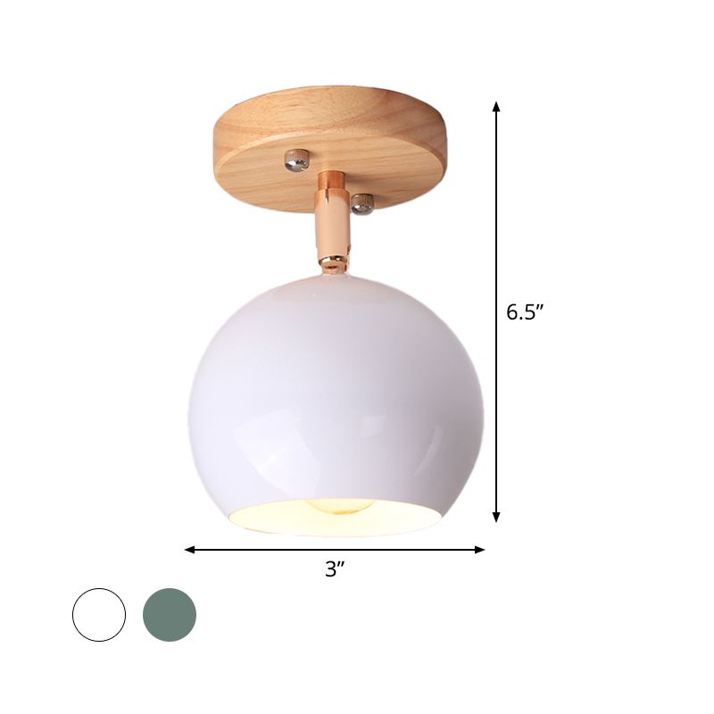 White/Green Ball Flush Mounted Light Simple 1-Bulb Adjustable Semi Ceiling Flush Mount with Round Wood Canopy