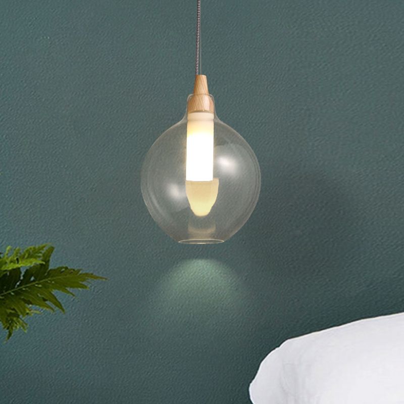 Clear Glass Dual Shade Globe Drop Pendant Simplicity 1-Light Hanging Ceiling Light with Wood Seal