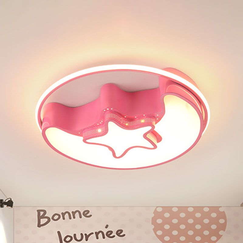 Nordic LED Ceiling Fixture White/Pink/Blue Moon and Star Flush Mount Spotlight with Acrylic Shade in White/3 Color Light