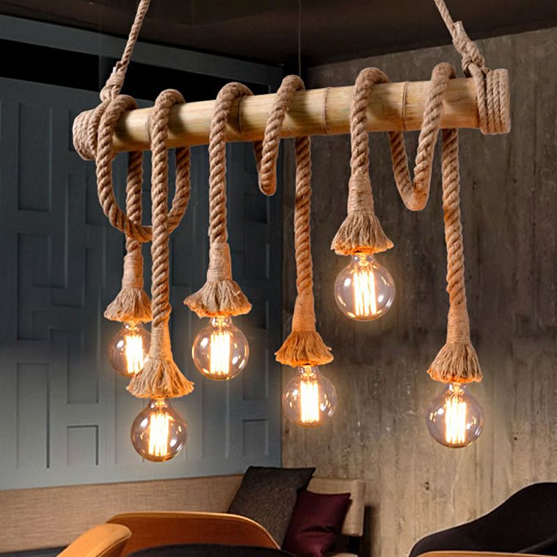3/4 Lights Open Bulb Island Light Lodge Industrial Beige Adjustable Rope Ceiling Light with Bamboo
