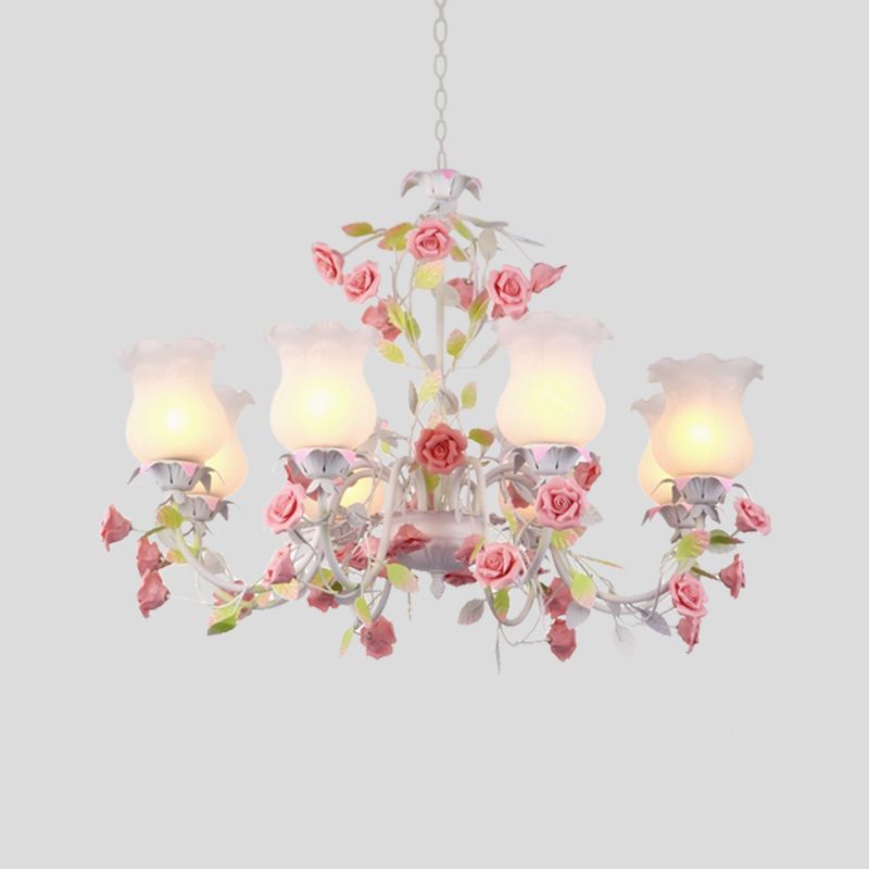 Rose Living Room Ceiling Chandelier Pastoral White Glass 8 Heads Pink Hanging Light Fixture