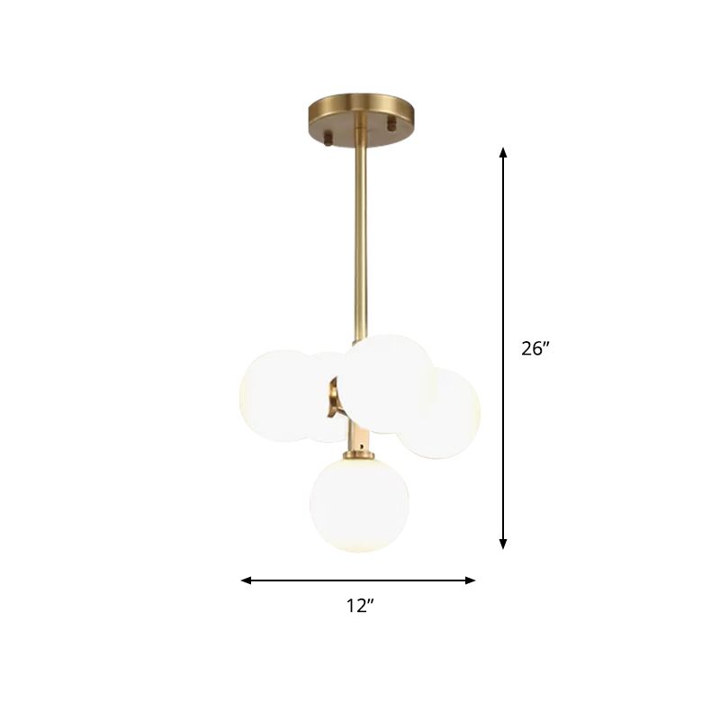 Brass Round Hanging Chandelier Modern 5 Heads White Frosted Galss LED Ceiling Pendant Light