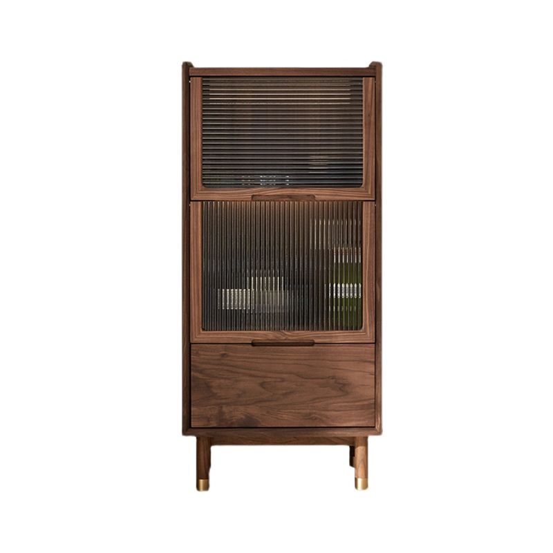 Walnut Glass Paned Accent Cabinet Mi-Century Modern 41.3" Tall Chest with Drawer