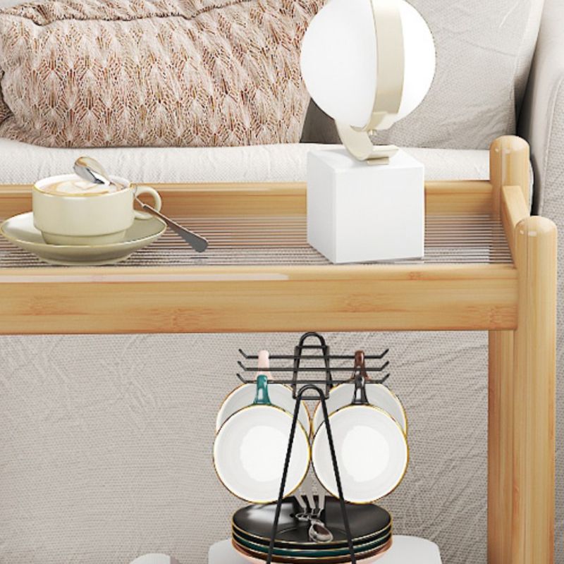 Modern Rectangular Glass Top End Table Wood Base Side Table with Shelf and Wheel
